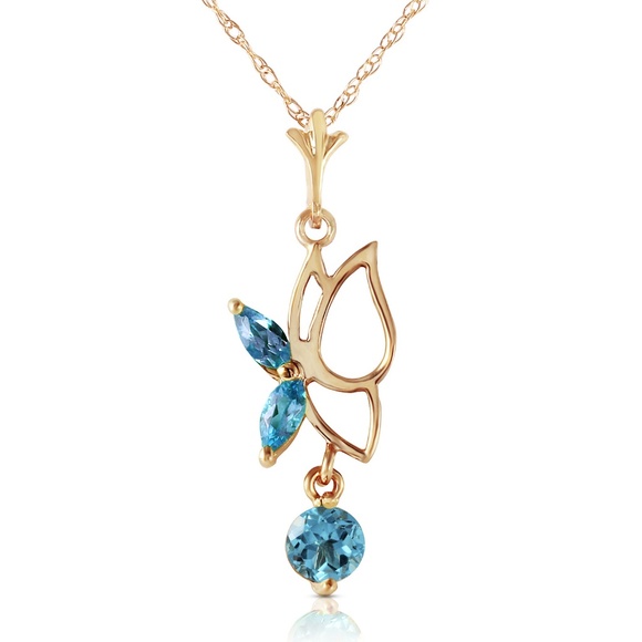 14K. SOLID GOLD BUTTERFLY NECKLACE WITH BLUE TOPAZ